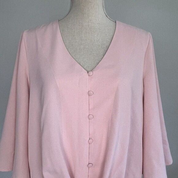 Womens Baby Pink Button Up V Neck Summer Loose Blouses Wide Flare Sleeves Large - Picture 9 of 11